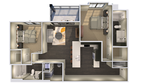 a 3d floor plan of a house with a bedroom and a living room